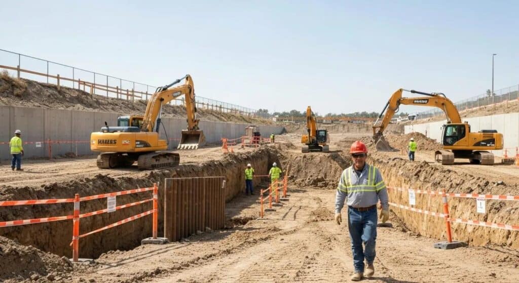 Trench excavation site with safety measures and workers following best practices