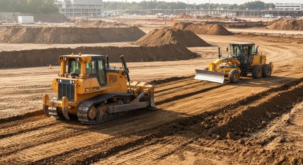 Bulldozer and motor grader working on earthwork and grading at a construction site