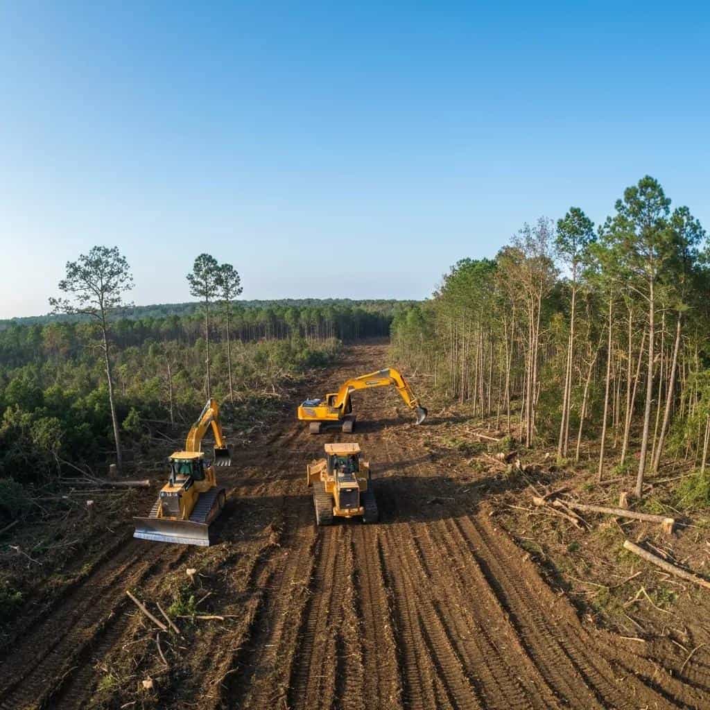 Heavy machinery clearing trees and brush on a construction site