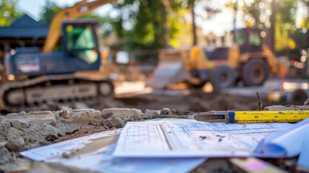 A construction site with grading equipment leveling land, cost estimate documents laid out on a workbench in the foreground.