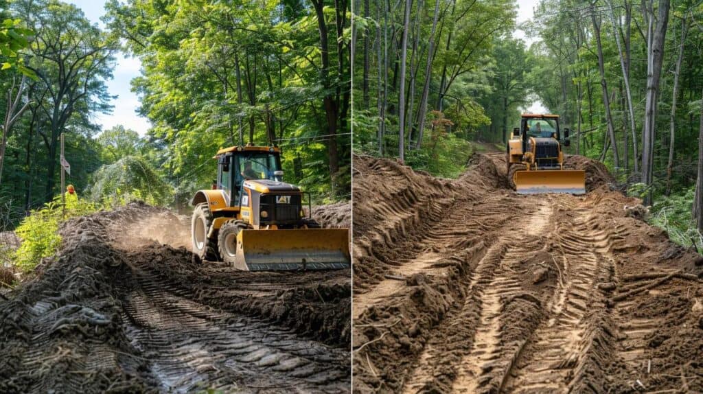 Side-by-side collage: bulldozer digging (excavation), grader smoothing soil (grading), and team removing trees/brush (land clearing).