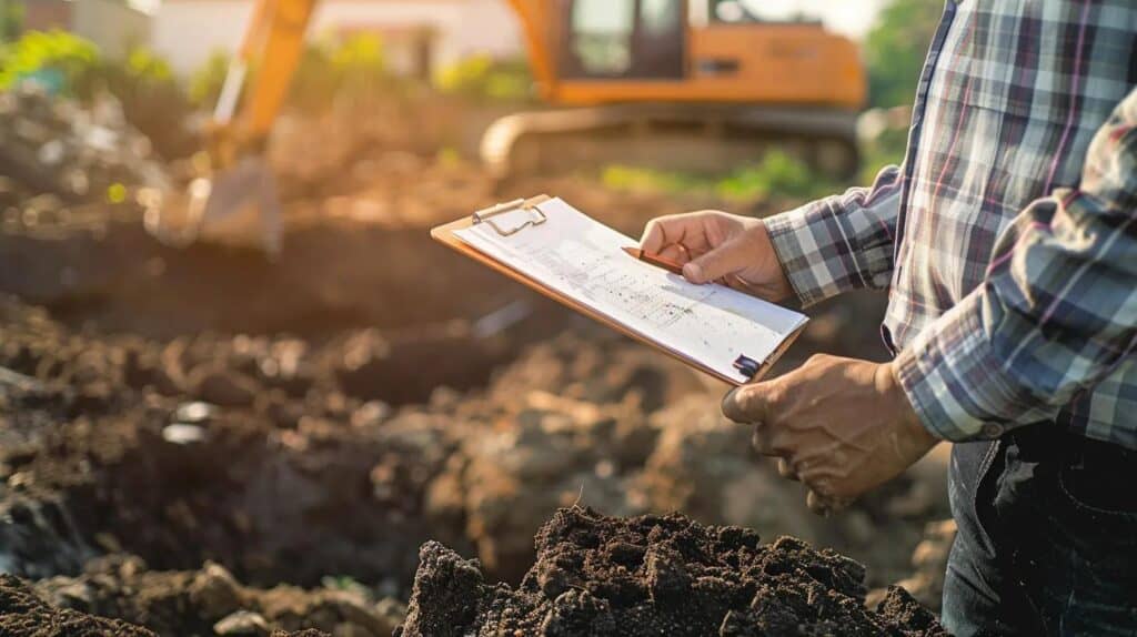 Close-up of an estimator holding a clipboard while pointing to soil and excavation equipment on-site.