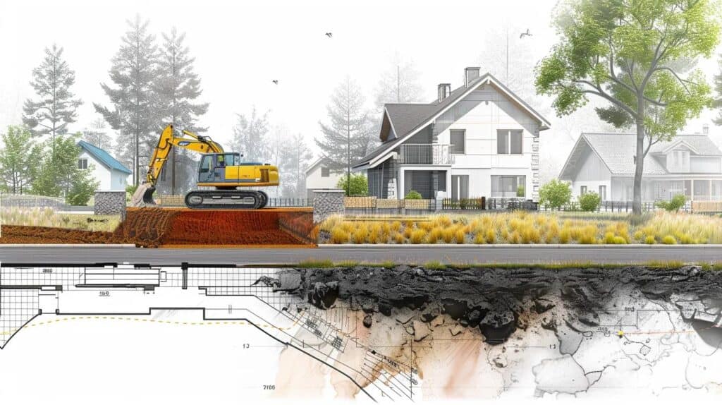 A professional-looking schematic drawing of a residential property. The image is split into quadrants: a foundation being excavated with a mini-excavator; a straight trench for a utility line; a new gravel driveway being graded; and a large, cleared area of land with neatly piled brush. The overall image should look like a detailed blueprint or plan.