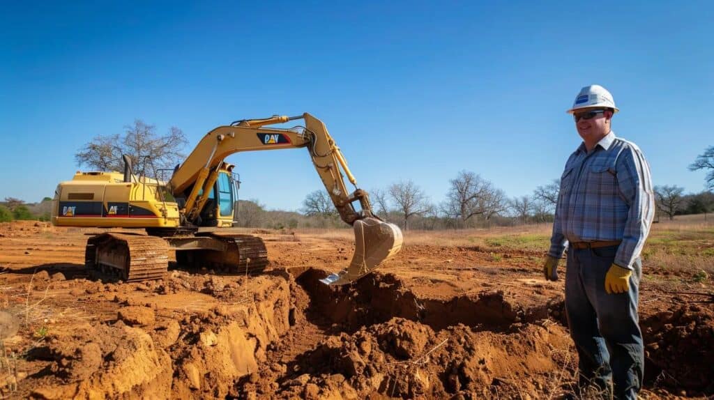 A wide-angle, cinematic shot of a professional excavation site in a rural, sunlit Oklahoma landscape. A large, yellow excavator is carefully leveling a pad of earth, with a clear blue sky and a few distant trees in the background. The ground is a rich, dark brown color, showing a precise cut. A smiling, professional-looking contractor in a hard hat stands in the foreground, looking toward the camera, pointing confidently toward the work area. The image should convey professionalism, precision, and the start of a major project.