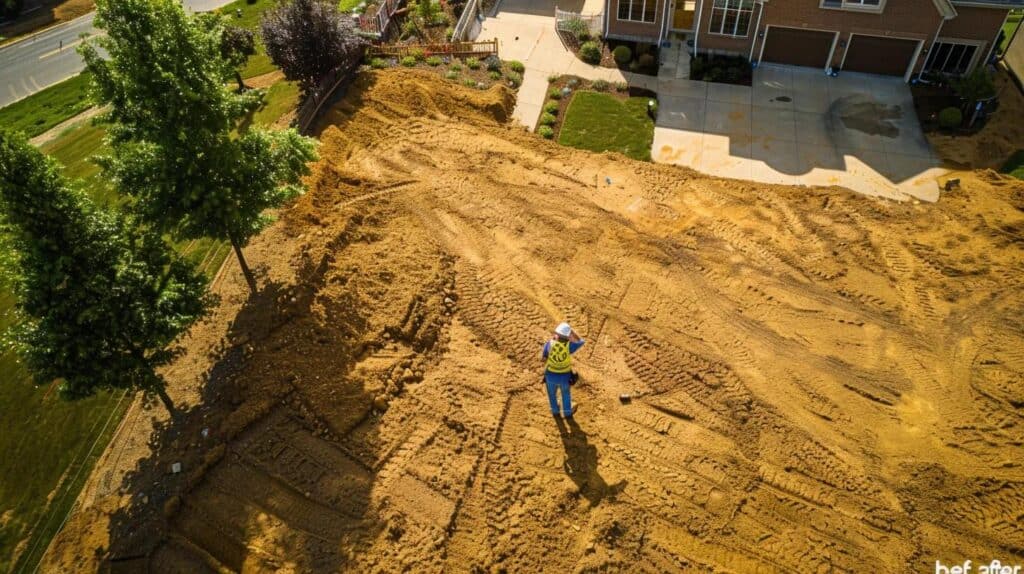 A high-angle shot showing a large, residential property with a clear division. On one side, there is a rough, untamed patch of ground, and on the other, a perfectly smooth, graded surface. A professional-looking person in a hard hat and safety vest is standing in the middle, gesturing toward the graded area. The image should highlight the "before and after" transformation.