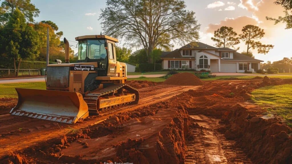 A wide-angle, cinematic photograph of a clean, well-maintained bulldozer with the "Designing Earth Excavation" logo clearly visible on the side, positioned on a newly graded, level patch of red dirt in a suburban setting. In the background, a modern, newly-built house is visible, and the sun is setting, casting a warm, golden light. The image should convey professionalism, precision, and the start of a great project.