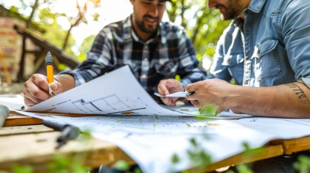 A close-up shot of a contractor from Designing Earth Excavation (with the logo on their shirt) sitting down at a picnic table with a homeowner. The contractor is holding a blueprint or site plan, pointing to a section and smiling. The atmosphere should be friendly, informative, and professional.