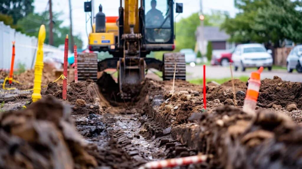 A dynamic shot of a mini-excavator carefully digging a trench for a utility line. The focus should be on the precision of the machine and the operator, with colored flags marking the utility lines nearby. The image should convey safety and the careful, detailed work involved in trenching.