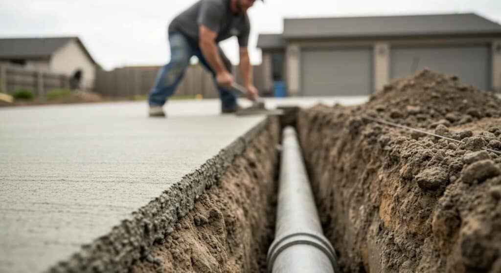 A close-up, low-angle shot of a newly installed concrete driveway section being smoothed by a worker (out of focus) with a trowel. In the foreground, a section of utility pipe (like a sewer or water line) is partially exposed in a freshly dug, narrow trench running parallel to the edge of the new concrete. The image should convey the integration of concrete and underground utilities installation okc.