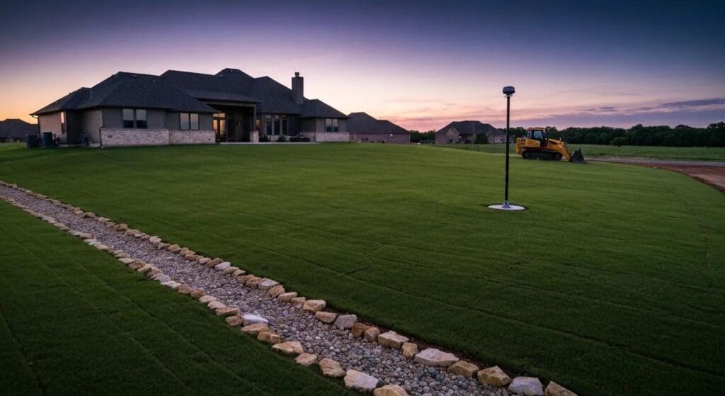 A dramatic, wide-angle shot of a newly graded, lush green residential yard in Oklahoma City at dusk. The yard has a gentle, visible slope away from a large, modern suburban home. In the foreground, a shallow, clean stone swale is visible, directing water away. The image should convey protection and stability. Include a subtle, high-tech piece of equipment, like a dozer with a visible GPS mast, parked neatly in the background. Cinematic lighting, professional drone perspective, high-resolution.
