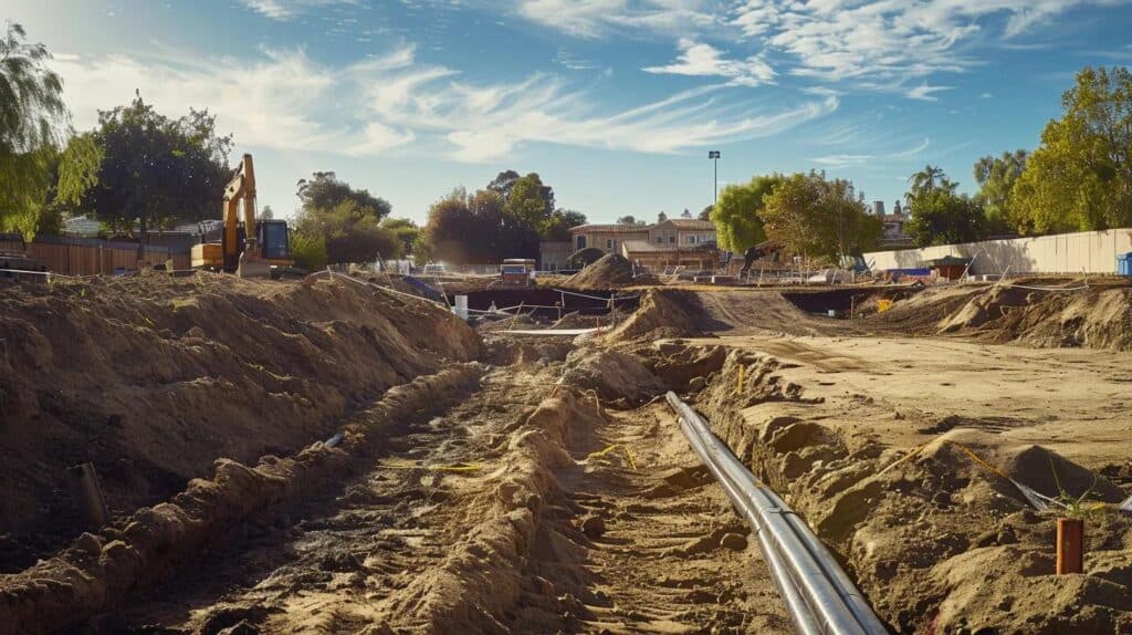 A clean, modern image showing the progression of site preparation. Foreground features utility trenches and pipes. Mid-ground features a freshly poured concrete foundation. Background features a cleared, ready-to-build lot. Use a checklist graphic element subtly incorporated into the frame.