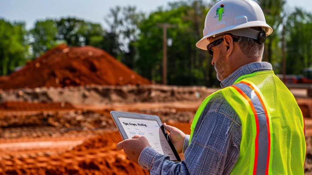 A professional contractor (wearing a hard hat and safety vest, looking approachable) is standing on a construction site, pointing to a blueprint or tablet with cost factors overlaid, such as "Soil Type," "Scope," and "Hauling." A pile of distinctive Oklahoma red dirt is visible nearby.