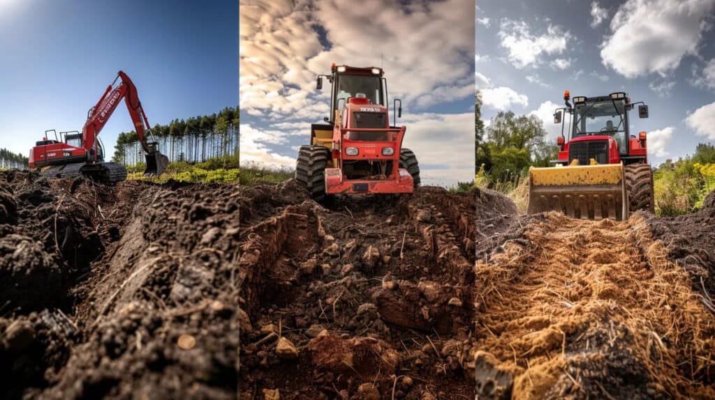 A split image showing the three services clearly. Left Panel: An excavator digging a precise, deep trench for utility installation. Center Panel: A bulldozer or grader perfectly leveling a patch of dirt for grading. Right Panel: A mulching machine or heavy-duty tractor clearing thick brush for land clearing.