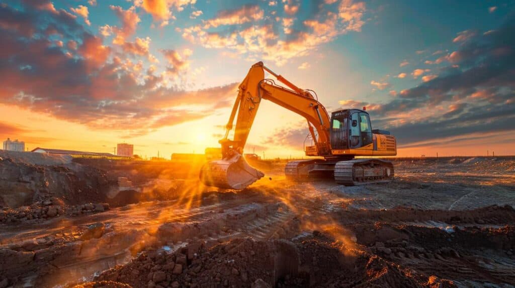 A dynamic, wide-angle shot of a construction site in the Oklahoma City metro area (flat, slightly red/brown dirt). In the foreground, a modern, heavy-duty excavator (yellow or orange) is performing precision finish grading using a laser-guided skid steer attachment. The sun is setting, casting long shadows. In the background, the silhouette of the OKC skyline or typical Oklahoma suburban homes is visible. The image should convey professionalism, scale, and high-tech accuracy in earthmoving.