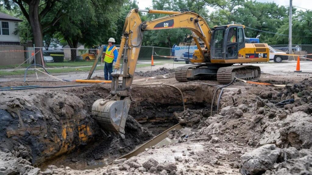 A construction photograph showing an active utility trenching scene. The image should feature a bright yellow mini-excavator carefully digging a trench (clearly separated from the foundation). A worker in a hard hat and safety vest is visible in the background, signaling precision during the installation of a dark-colored water or sewer line. Show the surrounding area cleared of brush and debris.