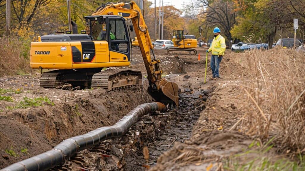 A construction photograph showing an active utility trenching scene. The image should feature a bright yellow mini-excavator carefully digging a trench (clearly separated from the foundation). A worker in a hard hat and safety vest is visible in the background, signaling precision during the installation of a dark-colored water or sewer line. Show the surrounding area cleared of brush and debris.
