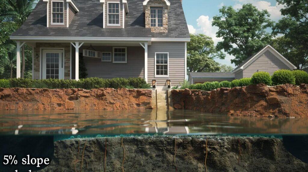 A close-up, educational image showing a cross-section or diagram illustrating the "5% slope rule." One side of the image should depict a house foundation with water pooling due to negative grading, and the other side should show the proper 5% slope directing water away from the foundation. The soil should clearly represent Oklahoma red clay.