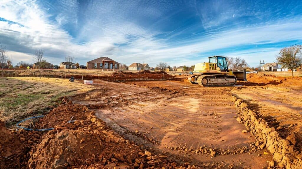 A professional, panoramic construction site photo taken during the finish grading phase of a residential lot in Oklahoma City. The foreground shows a bright yellow compact track loader or skid steer equipped with a laser grading attachment, ensuring precision. The ground is a smooth, slight slope away from the background, which features the completed foundation of a modern house. The sky is bright, and the overall image is clean, showcasing the contrast between the Oklahoma red clay and the precise, smooth-graded surface. Include a small, subtle company logo (Design Earth Excavation) on the machinery.