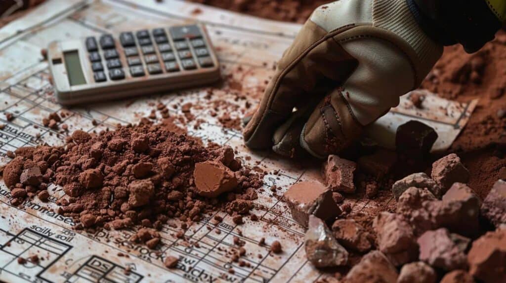 A conceptual, detailed photograph. A hand in a professional work glove is tapping a calculator on a muddy, worn construction blueprint. Next to the blueprint, there is a small pile of chunky red Oklahoma clay and a few jagged rocks, emphasizing the "rocky soil" cost factor. The focus is on the cost calculation and the challenging soil.