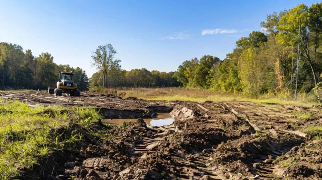 A visually split, high-contrast, professional-grade photograph showing three distinct phases of site prep: one-third showing dense, overgrown brush (Land Clearing); the middle third showing a trench being precisely dug by a backhoe (Excavation); and the final third showing a smooth, perfectly leveled expanse of dirt with water visibly draining away from a center point (Grading).