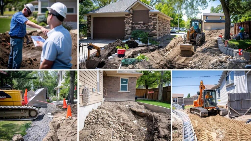 A sequence of four small panels or a composite image: 1) A consultation showing a contractor pointing at a tablet/site plan with a homeowner. 2) A mini-excavator digging a trench for a French drain. 3) A crew member installing a perforated drain pipe and gravel. 4) A skid steer with a laser level attachment performing final grading on a smooth, level surface. The scene should be sunny and professional.