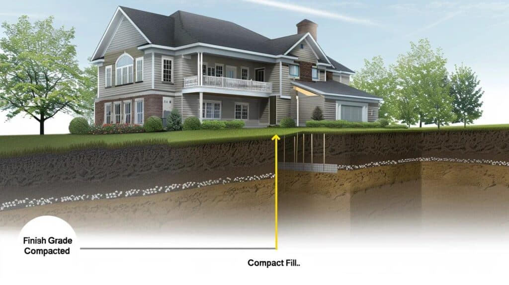A clean, illustrative diagram or graphic showing a cross-section of a house foundation. Clear arrows should point out the 5% slope of the soil running down and away from the house. Label the area near the house as "Finish Grade" and the sub-layer as "Compacted Fill." Include a subtle graphic representation of a laser beam guiding the soil profile.