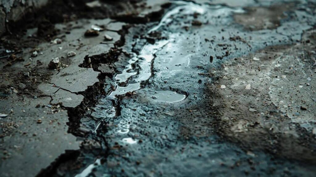 A close-up, high-contrast shot of a cracked concrete foundation or basement wall on a residential property. The base of the wall is dark and wet, showing clear signs of water damage and erosion. A muddy, shallow pool of standing water is visible right next to the concrete. The overall mood is serious and cautionary.
