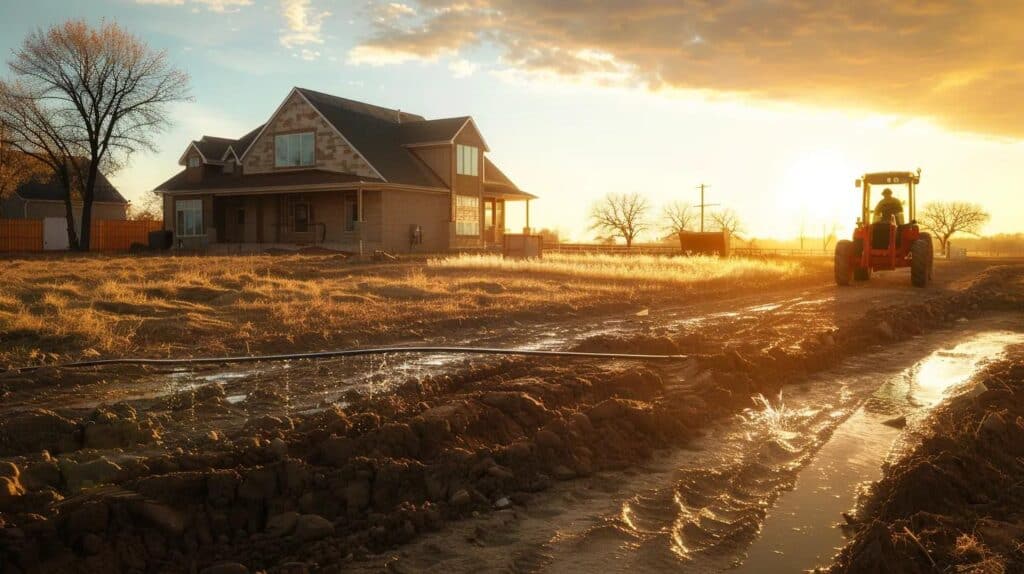 A dramatic, wide-angle shot of a suburban Oklahoma City home (modern farmhouse or traditional brick style) with a clear, newly graded lawn. In the foreground, a single red or yellow skid steer loader with a laser grader attachment is finishing a perfectly sloped area of earth near the foundation. The sun is setting, casting long shadows. A small, clear stream of water from a gentle hose test is visibly running away from the house into a French drain grate. The image should convey precision, protection, and professional work.