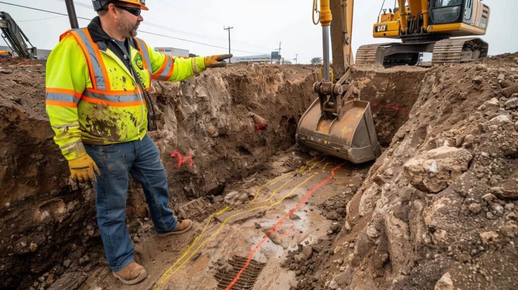 A trench box (shield) placed inside a deep, clean-cut excavation trench on a commercial site. A worker in high-visibility safety gear and hard hat is standing next to the trench, pointing to a marked utility line (painted on the ground). A modern excavator is visible next to the trench, waiting to continue work. Emphasize safety protocols, depth, and utility awareness. Realistic photo.