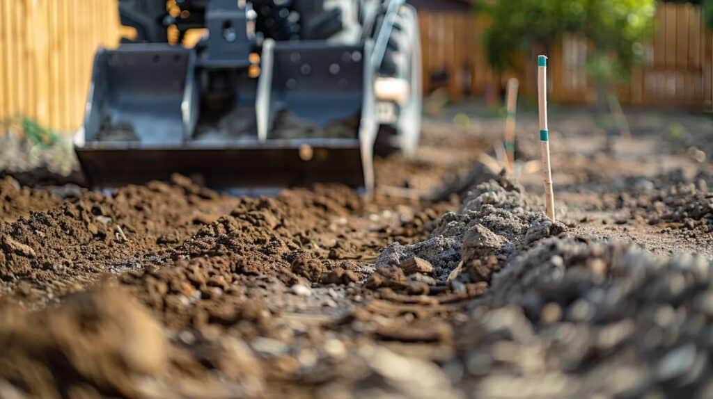 A close-up, ground-level shot of a skid steer or compact track loader using a laser-guided grading attachment on a residential construction lot. The grade is perfectly smooth and sloped away from the future house foundation. A stake with a level line is visible, emphasizing the precision of the laser grading technology. The soil is firm and compacted, ready for concrete. Focus on precision and the correct slope for drainage. Realistic photo.