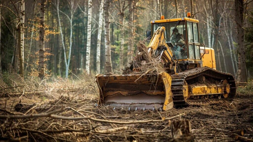 A powerful bulldozer or trackhoe equipped with a root rake attachment actively removing a large, dense tree stump and surrounding root system from a patch of heavily wooded land. The background shows a cleared, flat area contrasting with the thick brush still to be cleared. Focus on the raw power and effective nature of professional land clearing. Realistic photo.