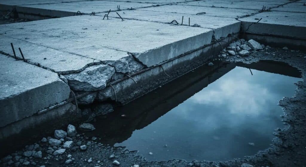 A close-up, high-contrast photo showing a crack in a concrete foundation near the ground level, with a small puddle of standing water right next to it. The image should be dramatic and illustrate the danger of hydrostatic pressure and water damage.