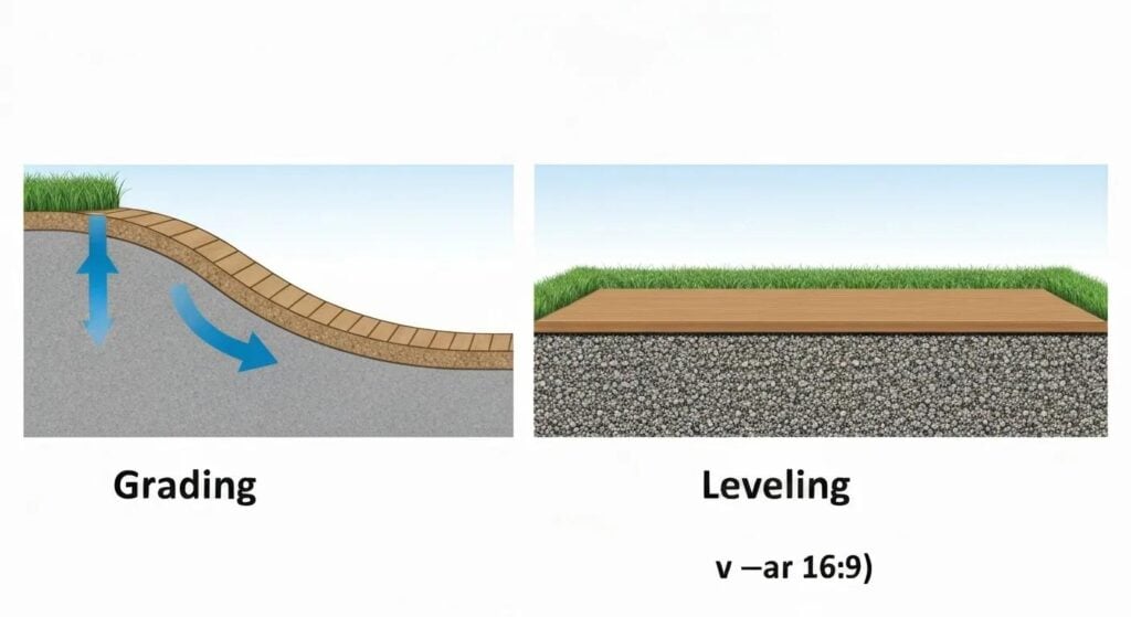 A conceptual side-by-side graphic or illustration. On the left, a cross-section of "Grading" showing a curved, sloped surface with a blue arrow indicating water running away from a house foundation. On the right, a cross-section of "Leveling" showing a perfectly flat, horizontal surface with a base layer of compacted gravel (e.g., for a patio). Clear, technical, and educational style.