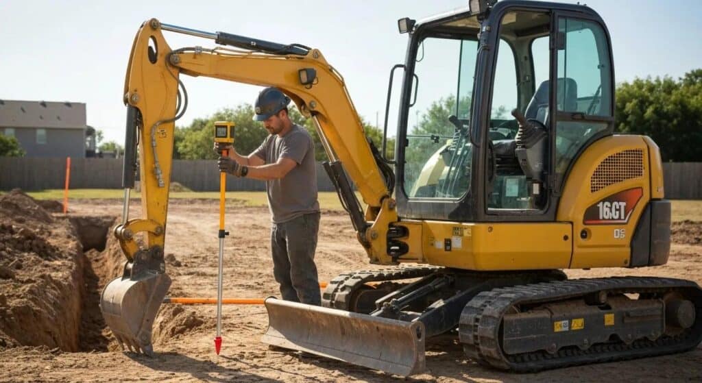 A professional excavation contractor wearing a hard hat, standing next to a yellow compact excavator (e.g., a Bobcat or similar brand) on a residential site. The contractor is holding a laser level receiver or a handheld GPS surveying pole, looking focused and precise. The background shows a partially dug French drain trench. Sunny, dusty, action-oriented lighting.