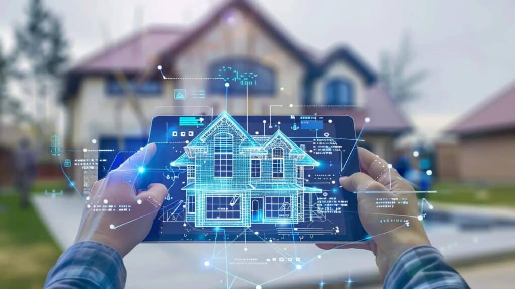 A clean, digital blueprint of a residential property site plan overlaid with financial data and cost breakdown pie charts. A skilled contractor's hands (wearing clean work gloves) hold a tablet showing an itemized, transparent estimate, with an OKC suburban home in the slightly blurred background.