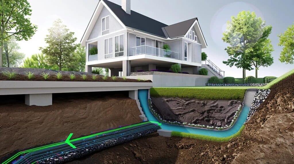 A side-view cross-section illustration of a house foundation. The soil is clearly sloped away from the foundation wall (positive grade) with a French drain subtly integrated. A stream of blue water flows correctly down the slope and away from the house. A bright green arrow indicates the correct water flow direction.