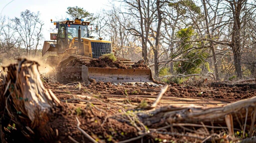 A heavy-duty forestry mulcher or a large bulldozer with a mulching attachment working on dense brush in a rural/suburban Oklahoma setting (dry, reddish-brown dirt). The sky is bright. In the foreground, a large tree stump is being freshly ground, emphasizing the removal of obstacles.