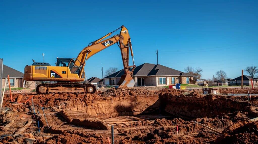 A dynamic, wide-angle shot of a construction site in the Oklahoma City suburbs (clear, blue sky day). In the foreground, a large, yellow excavator (clearly well-maintained, no visible company logos) is digging a foundation trench. The site is organized, with marked utility flags visible. The background shows a modern-style, newly built home under construction, suggesting the successful result of the work. The overall mood is professional, high-quality, and reliable.