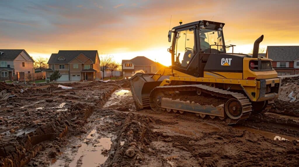 A professional, modern, high-quality photograph of a yellow compact track loader (skid steer with tracks) with a laser-guided grading attachment, actively performing precise finish grading on a residential home construction site in Oklahoma City at sunset. The machine is leveling the final dirt layer near the foundation of a newly framed house. The contractor operating the machine is wearing a hard hat and safety vest. Clean, professional aesthetic.