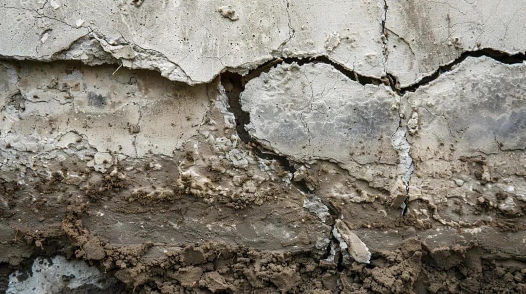 A close-up, dramatic image showing a large crack in a residential concrete foundation wall or basement corner, with saturated, dark, pooling soil next to it, indicating severe water damage and poor grading. The mood should be cautionary and serious.