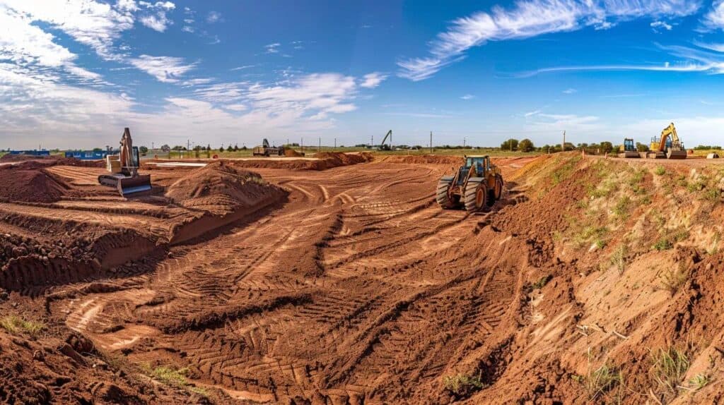 A panoramic shot of a large construction site in Yukon, Oklahoma, divided into three clear zones: Left: Heavy machinery actively performing commercial land clearing (removing brush/stumps). Center: A trench being dug for underground utility services. Right: A laser-guided bulldozer performing final finish grading. Three distinct stages of site prep in one frame.