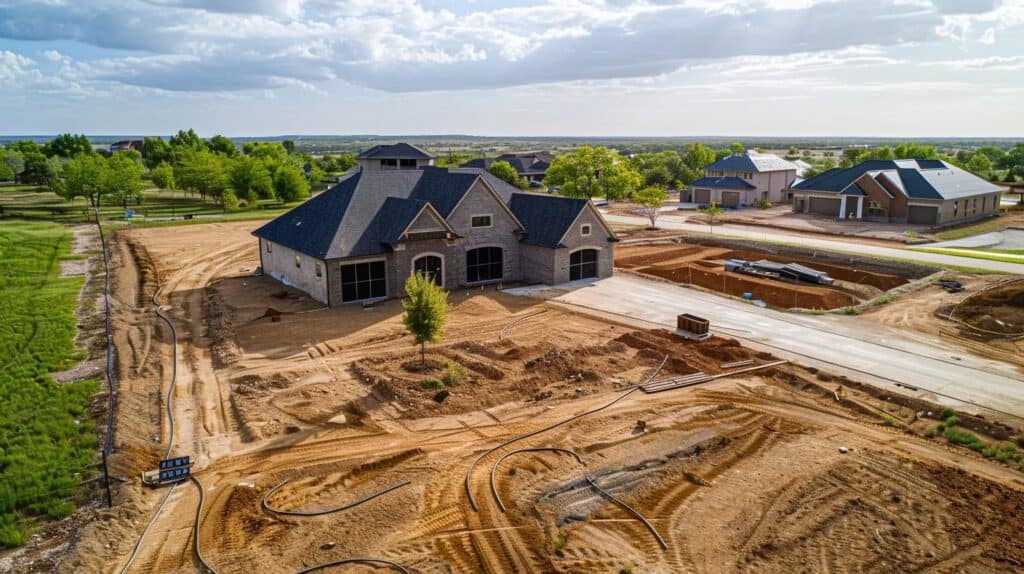 A clean, modern aerial drone shot showing a finished, newly graded residential lot in Edmond, Oklahoma. The lot has perfect slope grading moving away from a new home, and a clear, functional French drain or swale system is visible. The landscape is tidy, showcasing successful water management.