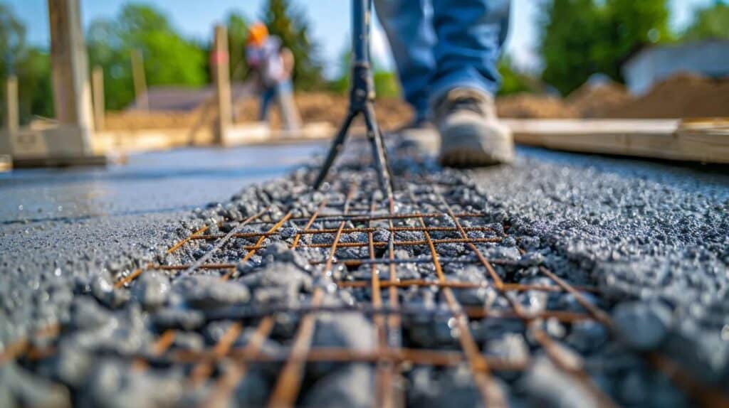 contractor's view shot of a partially poured concrete driveway base. The aggregate base layer is perfectly level, secured with rebar mesh, and being fine-tuned by a handheld laser level or tripod. A worker in the background is running a screed over the freshly poured section of the concrete driveway. Focus on precision and quality control.