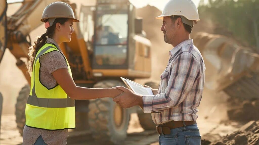 A professional photograph of two people shaking hands on a dusty construction site: one is a homeowner (dressed casually), and the other is a Design Earth Excavation project manager (wearing a clean hard hat and reflective vest, holding a clipboard). They are standing in front of heavy machinery (excavator or bulldozer). The scene should convey trust, professionalism, and the start of a serious conversation. Bright, confidence-inspiring aesthetic.