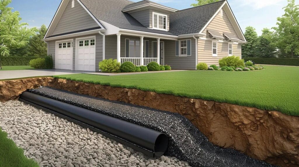 An instructional cross-section diagram showing the installation of a French drain system near a home's foundation. The image should clearly display a trench filled with gravel, a perforated pipe wrapped in filter fabric, and the system leading away from the house and discharging safely. In the background, show green sod over the trench area, symbolizing successful integration. Clean, technical, and high-clarity graphic style.