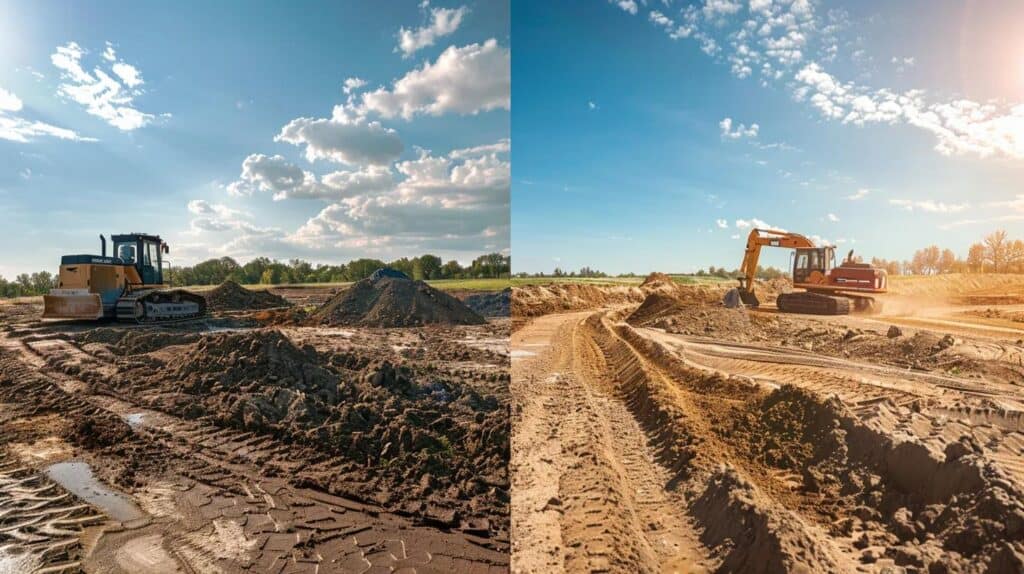 A split image showing the contrast between Rough Grading and Finish Grading. On the left, a large bulldozer or excavator is moving massive piles of dirt, establishing the primary contours of a construction site. On the right, a compact track loader or skid steer, clearly equipped with a red oklahoma laser grading box, is performing delicate, final-pass work to create a perfectly smooth, level building pad or precise slope. Bright daylight, focusing on the machinery and precision.