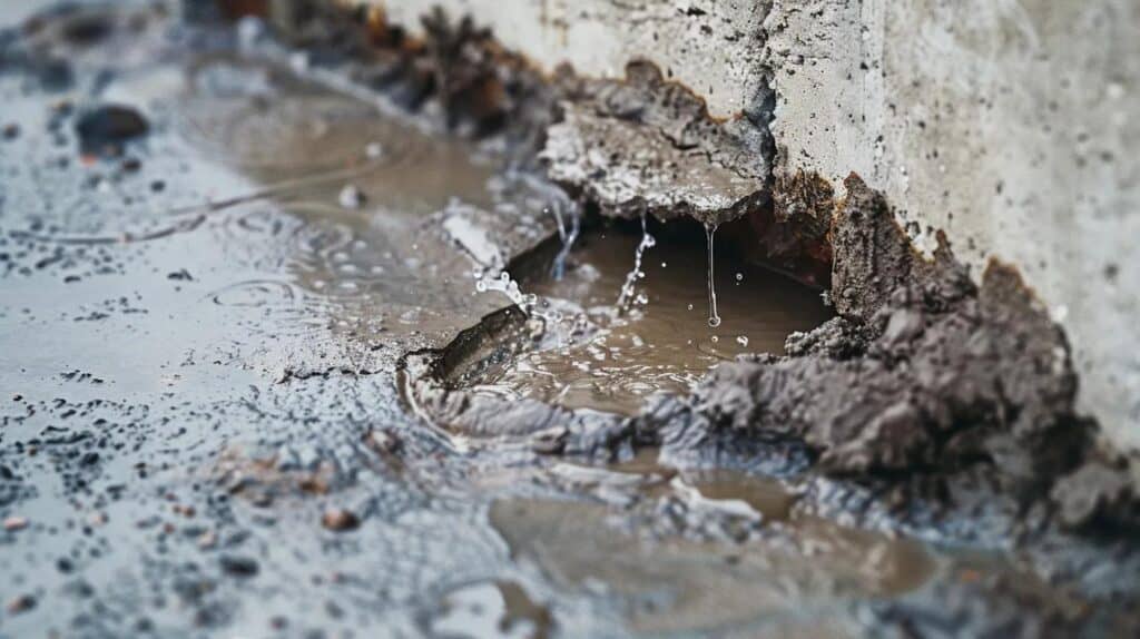 A close-up, impactful image illustrating the danger of negative drainage. The image should be a cross-section (rendered visualization or a highly realistic photo effect) showing water pooling heavily right next to a cracked concrete foundation wall. Show dark, saturated clay soil pressing against the foundation, with a tiny stream of water leaking through a hairline crack. The adjacent soil should be slightly sloped toward the wall. High-detail, educational, and slightly dramatic.