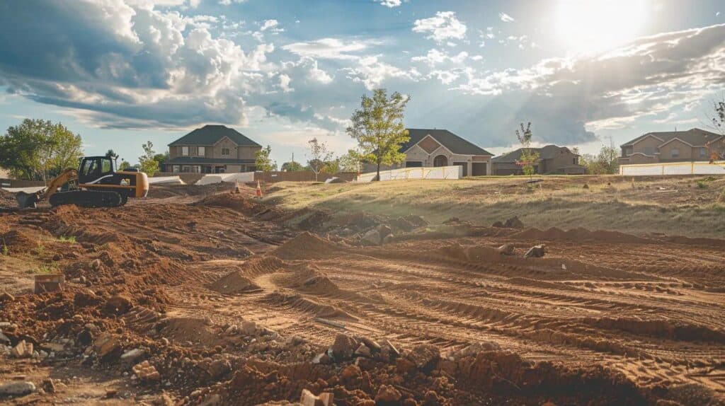 A professional, slightly wide-angle photo showing a modern residential subdivision in Oklahoma City (clear, sunny day, potentially with storm clouds in the distance). In the foreground, an excavator or skid steer with a laser grading attachment is precisely finishing the dirt work around the foundation of a newly framed house. The slope of the ground clearly directs water away from the structure.