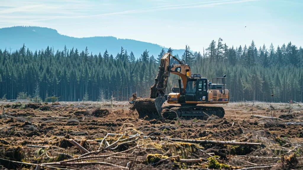 A wide shot of a powerful forestry mulcher or excavator with a shear attachment clearing dense brush and small trees on a large, undeveloped lot. In the foreground, a clipboard with a 'Permit Approved' stamp is clearly visible. Depict safety and large-scale work under a clear sky.