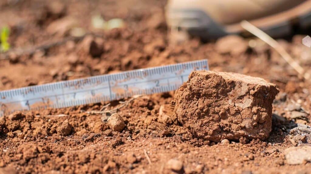 Close-up shot of a tough, dried-out chunk of Oklahoma red clay and a small, loose pile of smooth, easy-to-dig topsoil, separated by a construction measuring tape. The focus is on the difficulty of the soil type as a cost factor, emphasizing texture and hardness.
